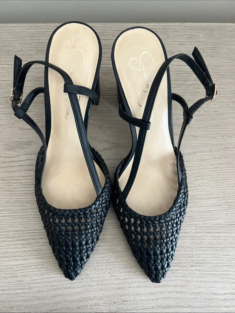Women’s Jessica Simpson Nyara Black Woven Pointed Slingback Heels size 10